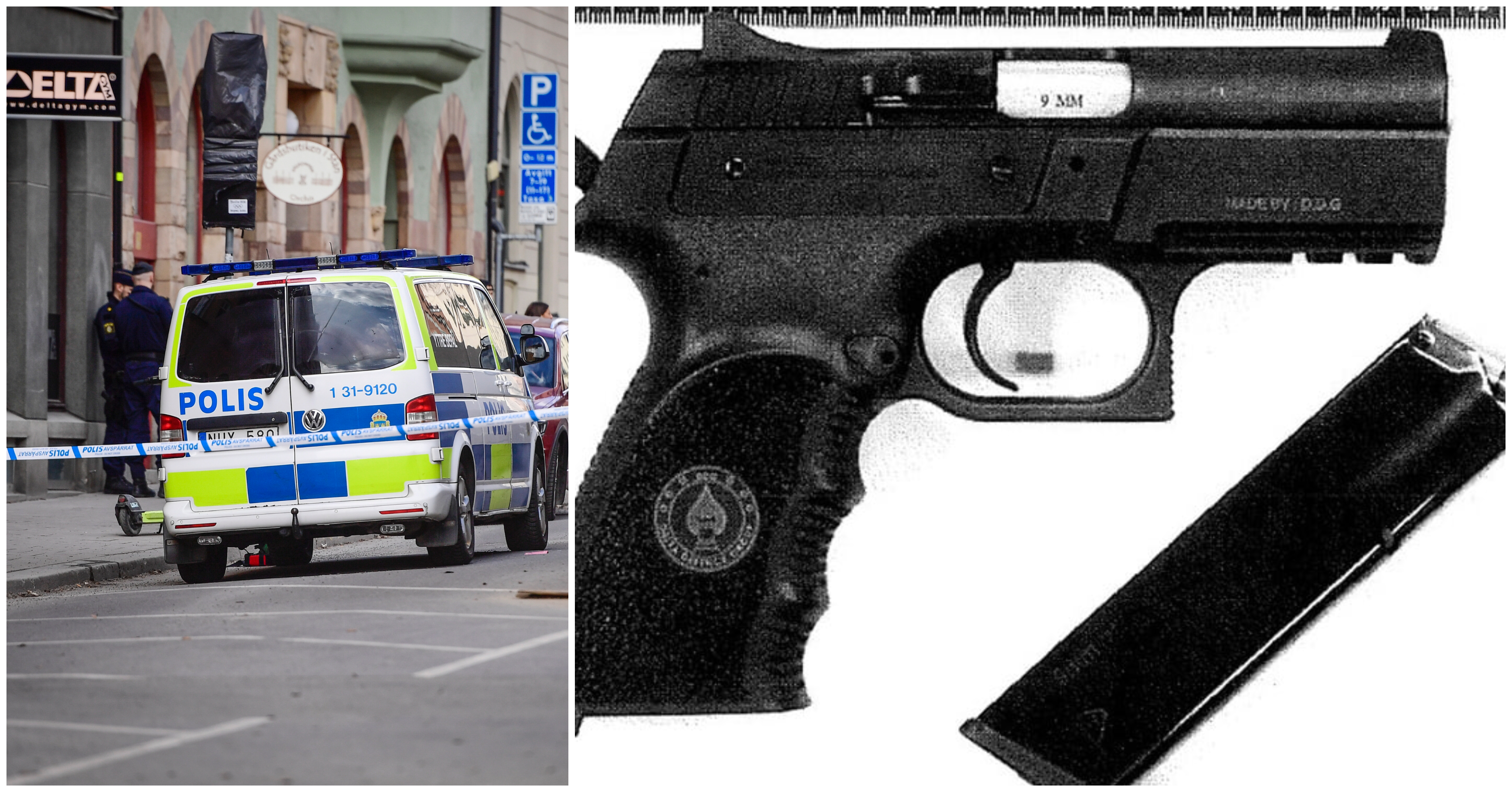 Bild till höger är från polisens förundersökning som föreställer vapnet som användes vid mordet på ett gym i Stockholm i mars 2022